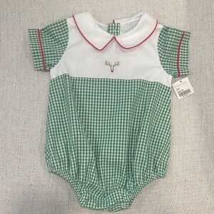 NWT The Proper Peony remi reindeer Green Gingham bubble Romper 9mo